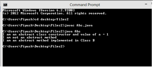 This image describes the output of sample program supporting abstract class and abstraction in java